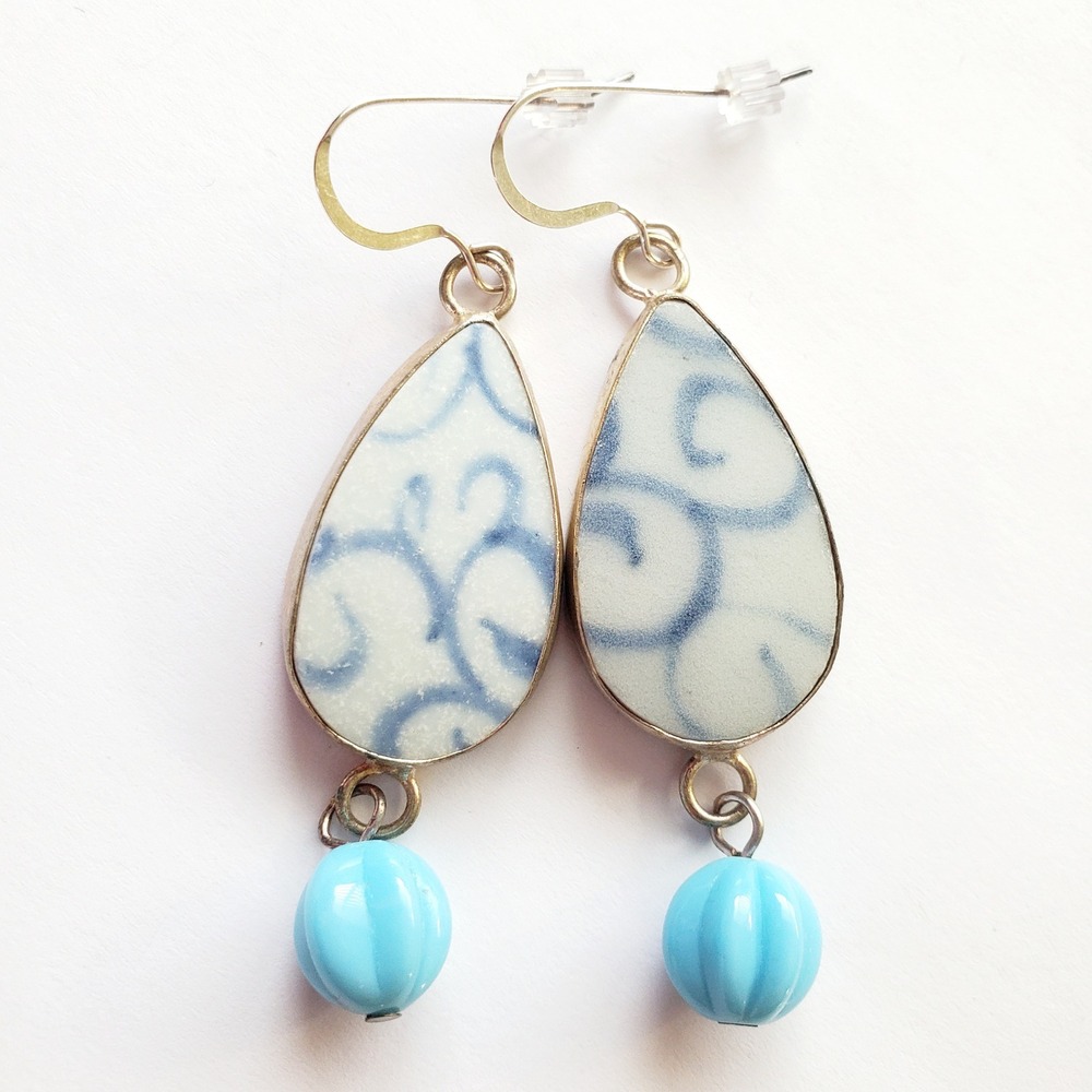 Blue & White Pottery Shard Earrings on Sterling Silver Hooks with Czech Glass